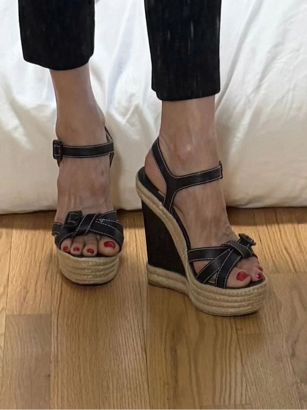 Christian Louboutin Black Espadrille Wedge Sandals with Red Soles